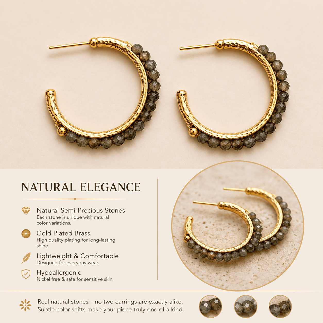 Beaded Earthy Gold Hoop Earrings