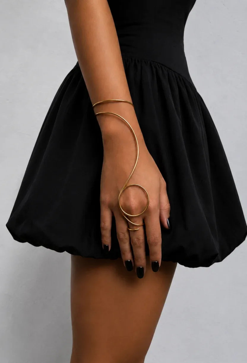 Sculptural Gold Hand Bracelet for Women, Handmade Ring Bracelet Hand Harness, Modern Statement Hand Jewelry