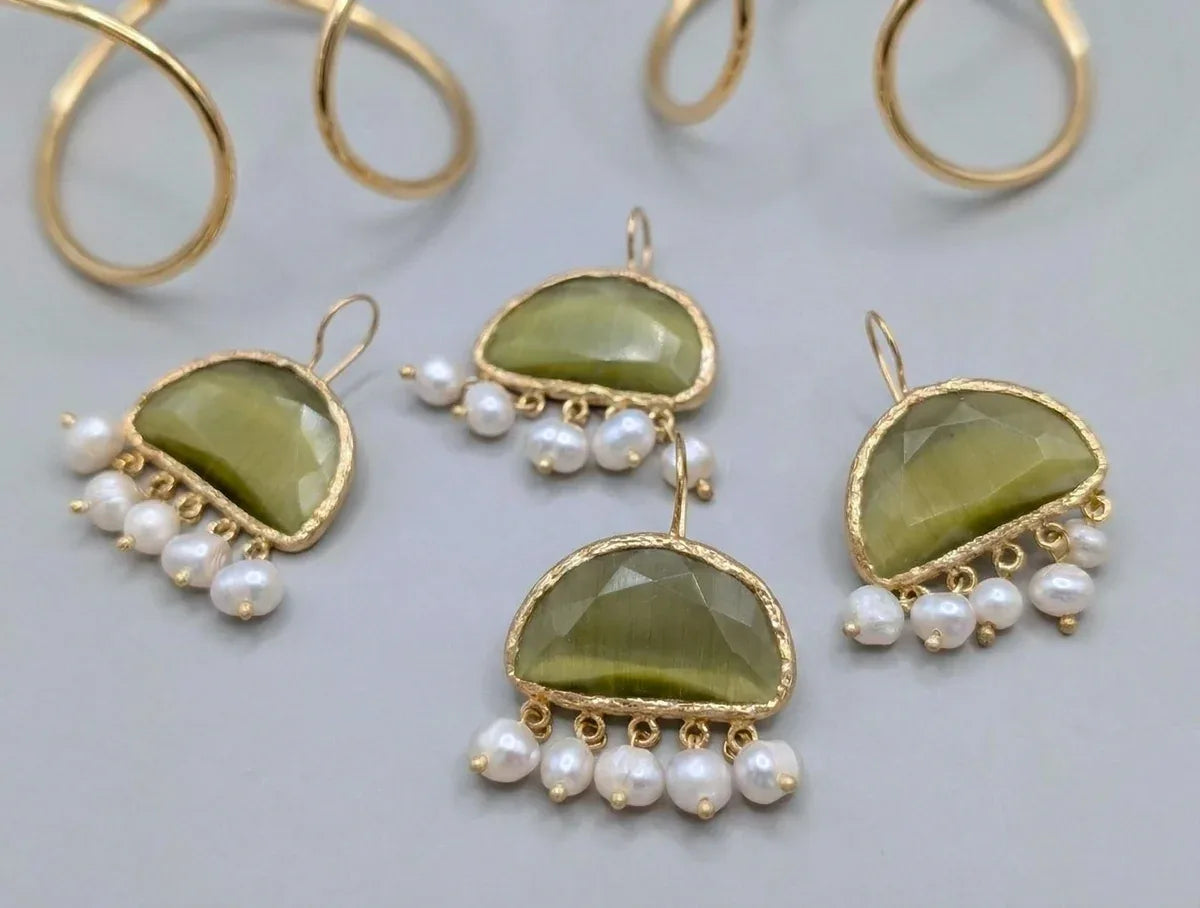 Pearl & Green Gemstone Drop Earrings