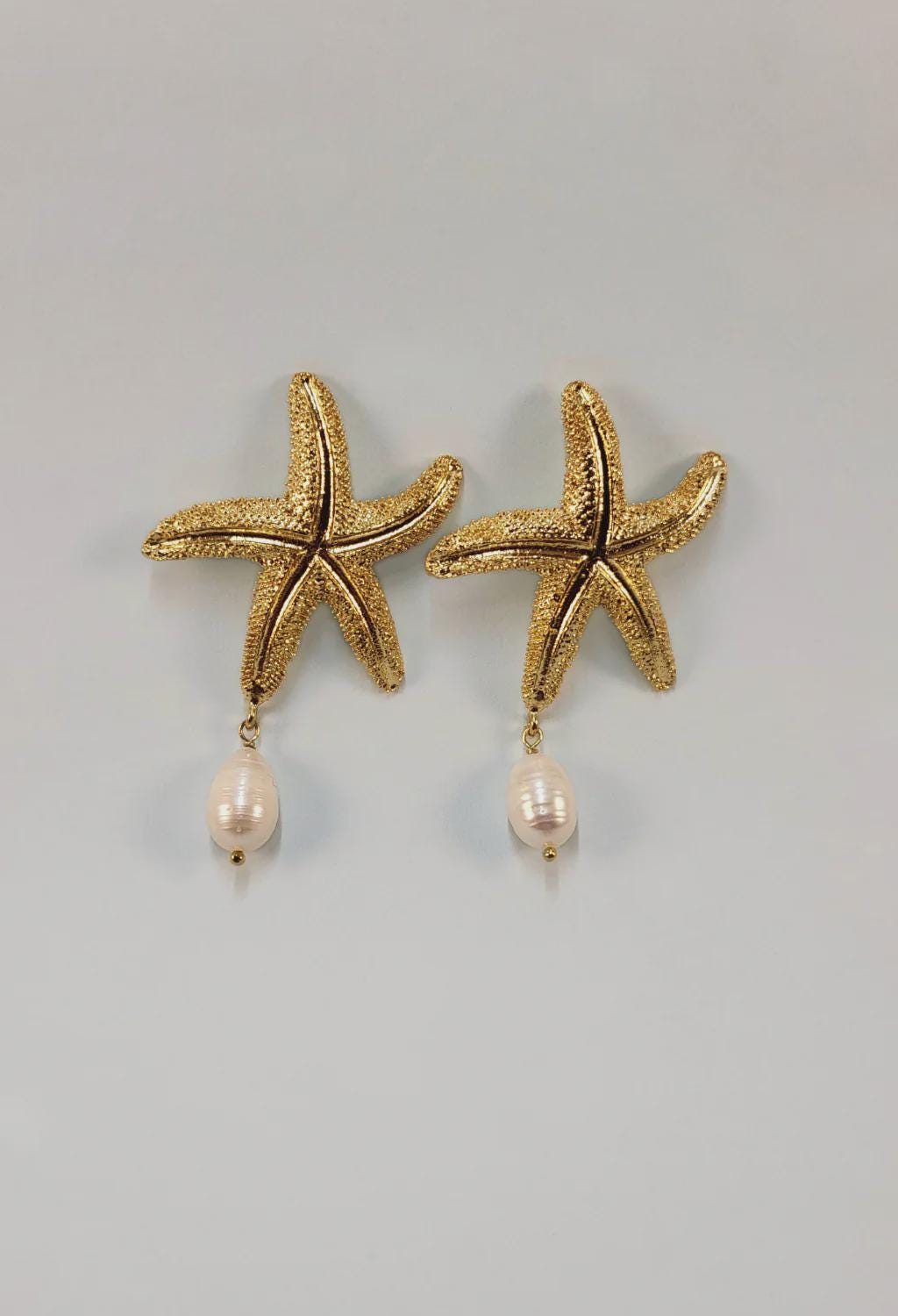Gold Starfish Pearl Dangle Earrings