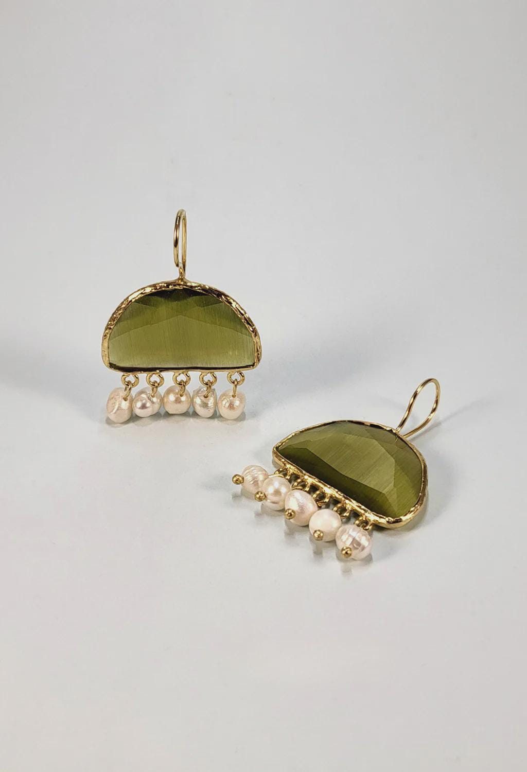 Pearl & Green Gemstone Drop Earrings