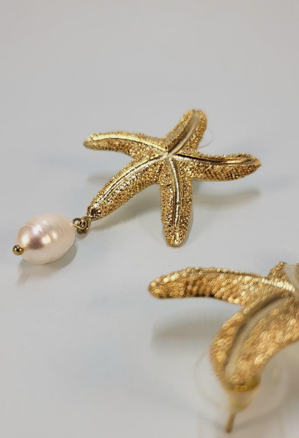 Gold Starfish Pearl Dangle Earrings