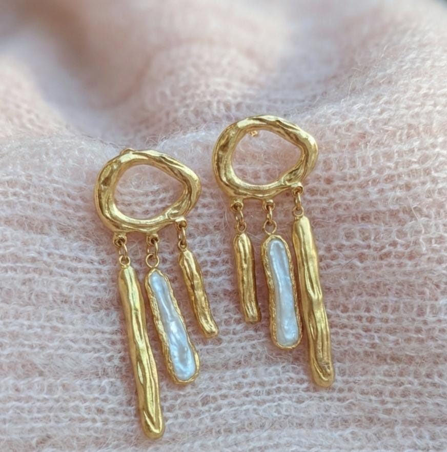 Organic Gold Pearl Dangle Earrings