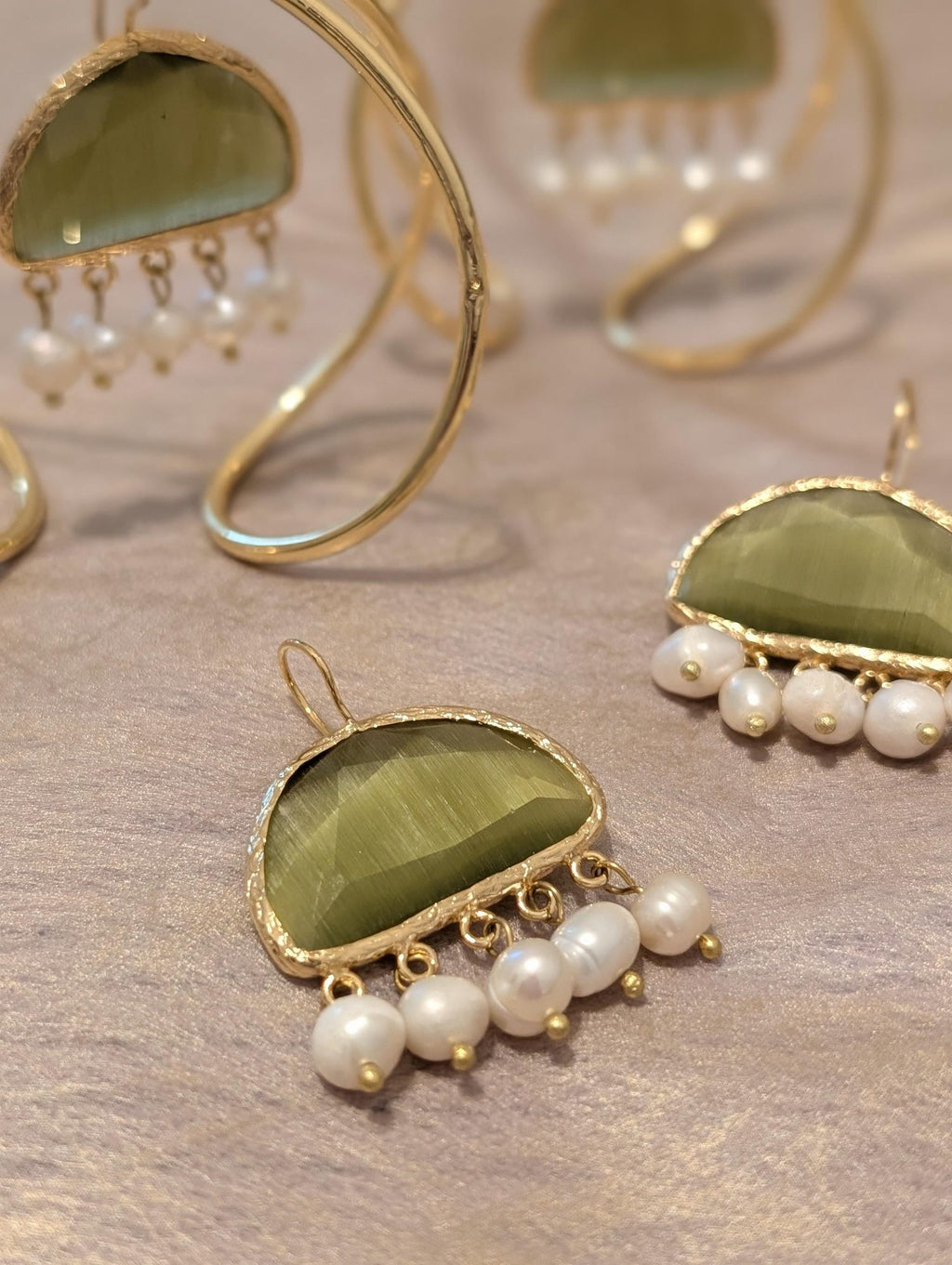 Pearl & Green Gemstone Drop Earrings