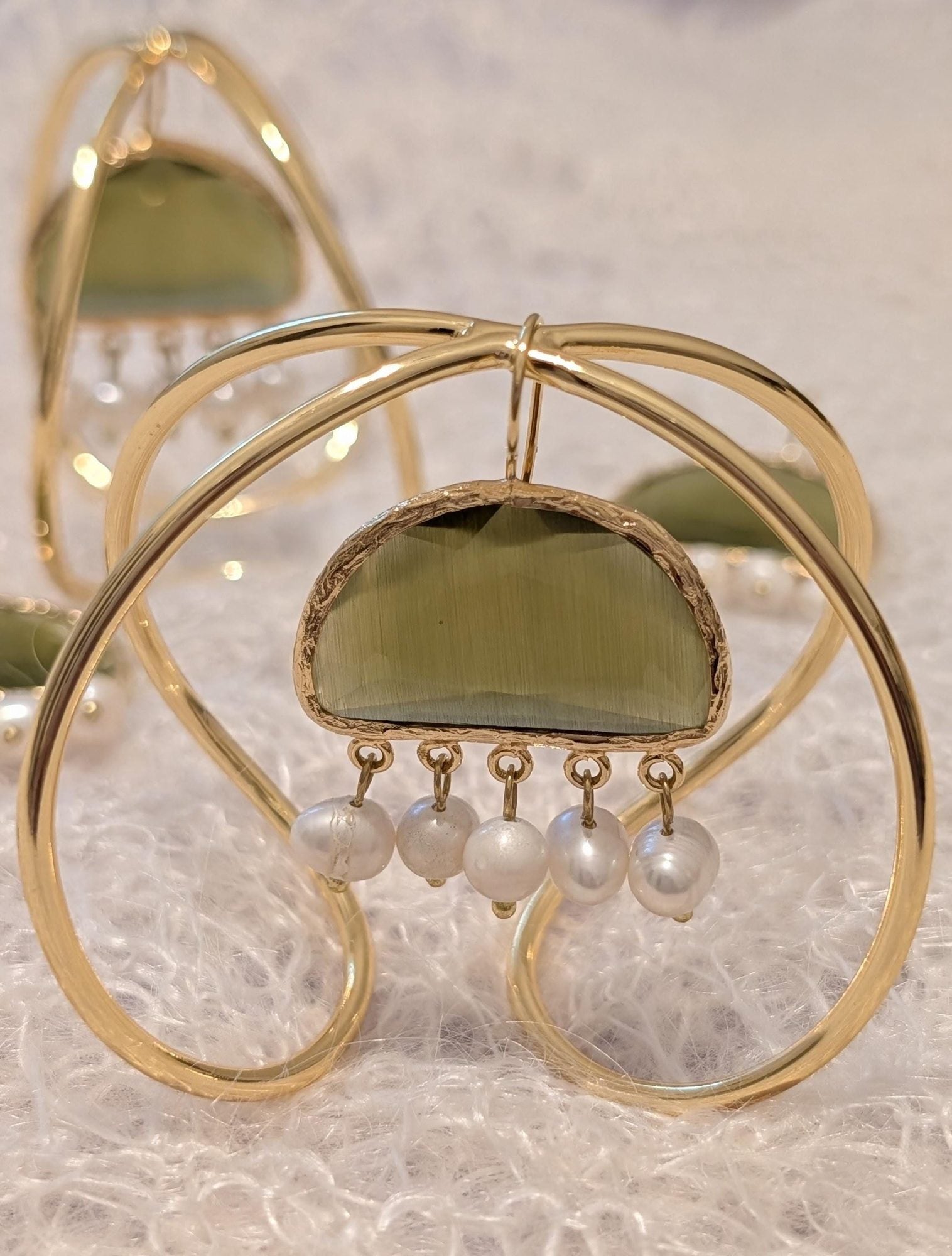 Pearl & Green Gemstone Drop Earrings