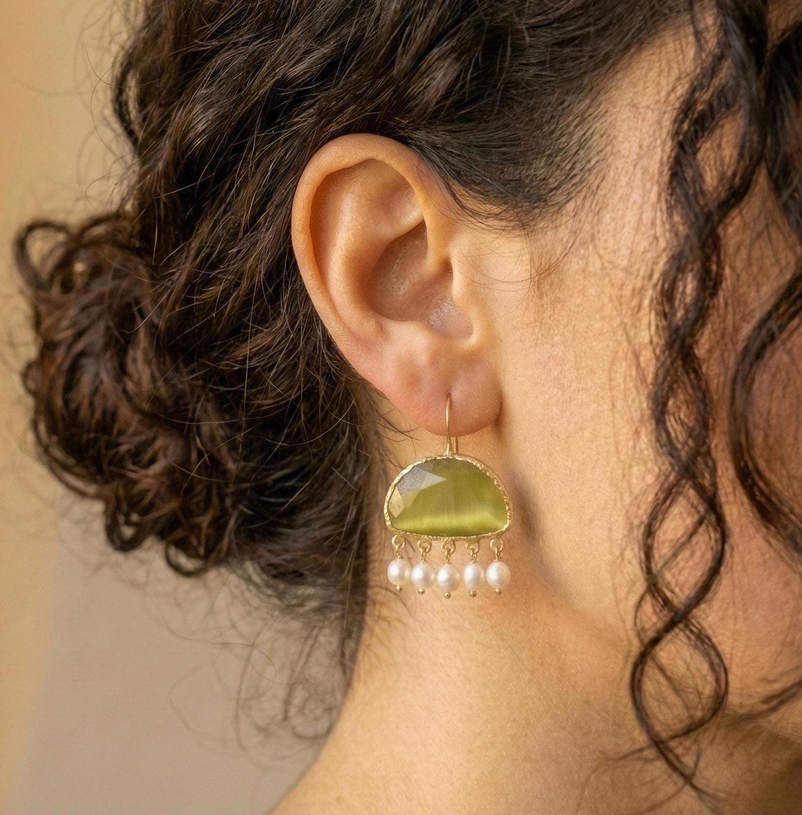 Pearl & Green Gemstone Drop Earrings