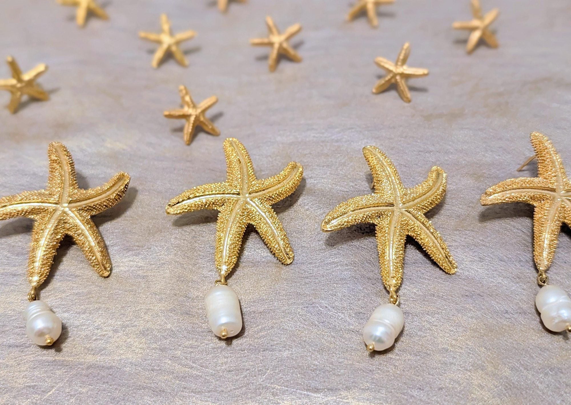 Gold Starfish Pearl Dangle Earrings