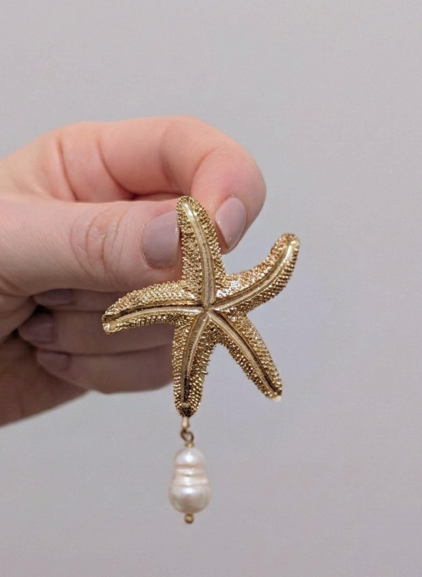 Gold Starfish Pearl Dangle Earrings