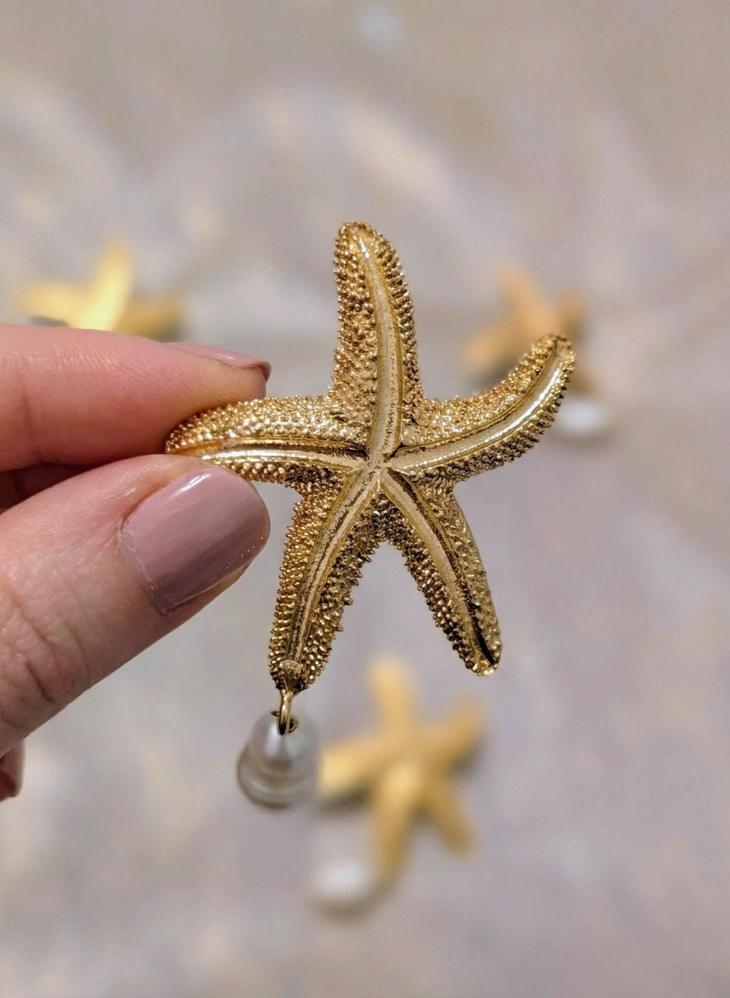 Gold Starfish Pearl Dangle Earrings