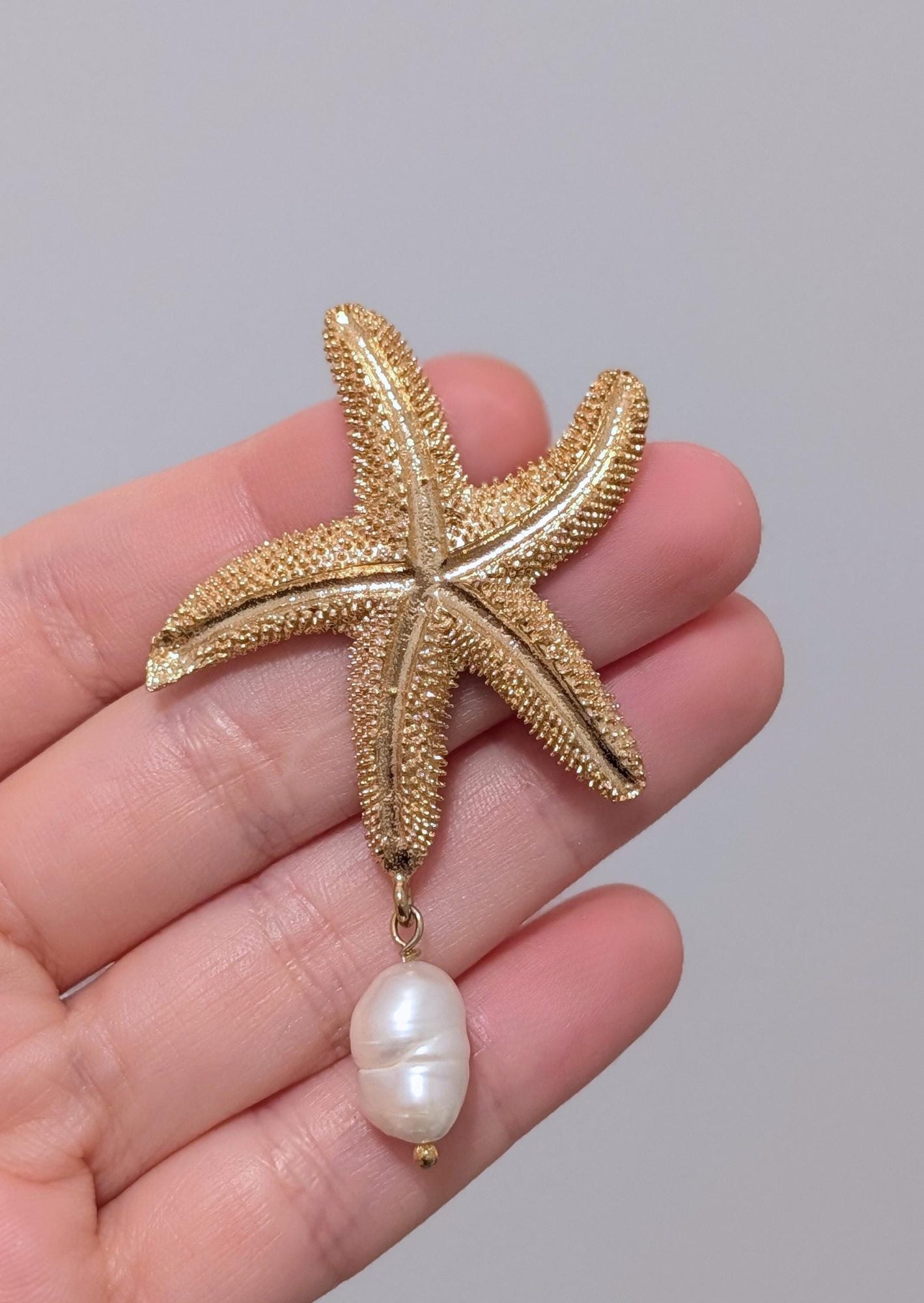 Gold Starfish Pearl Dangle Earrings