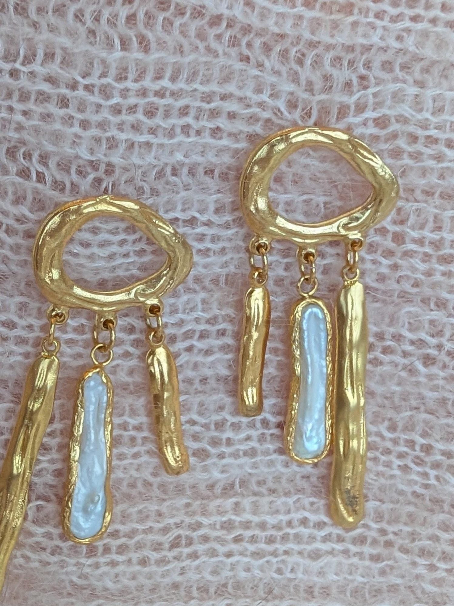 Organic Gold Pearl Dangle Earrings