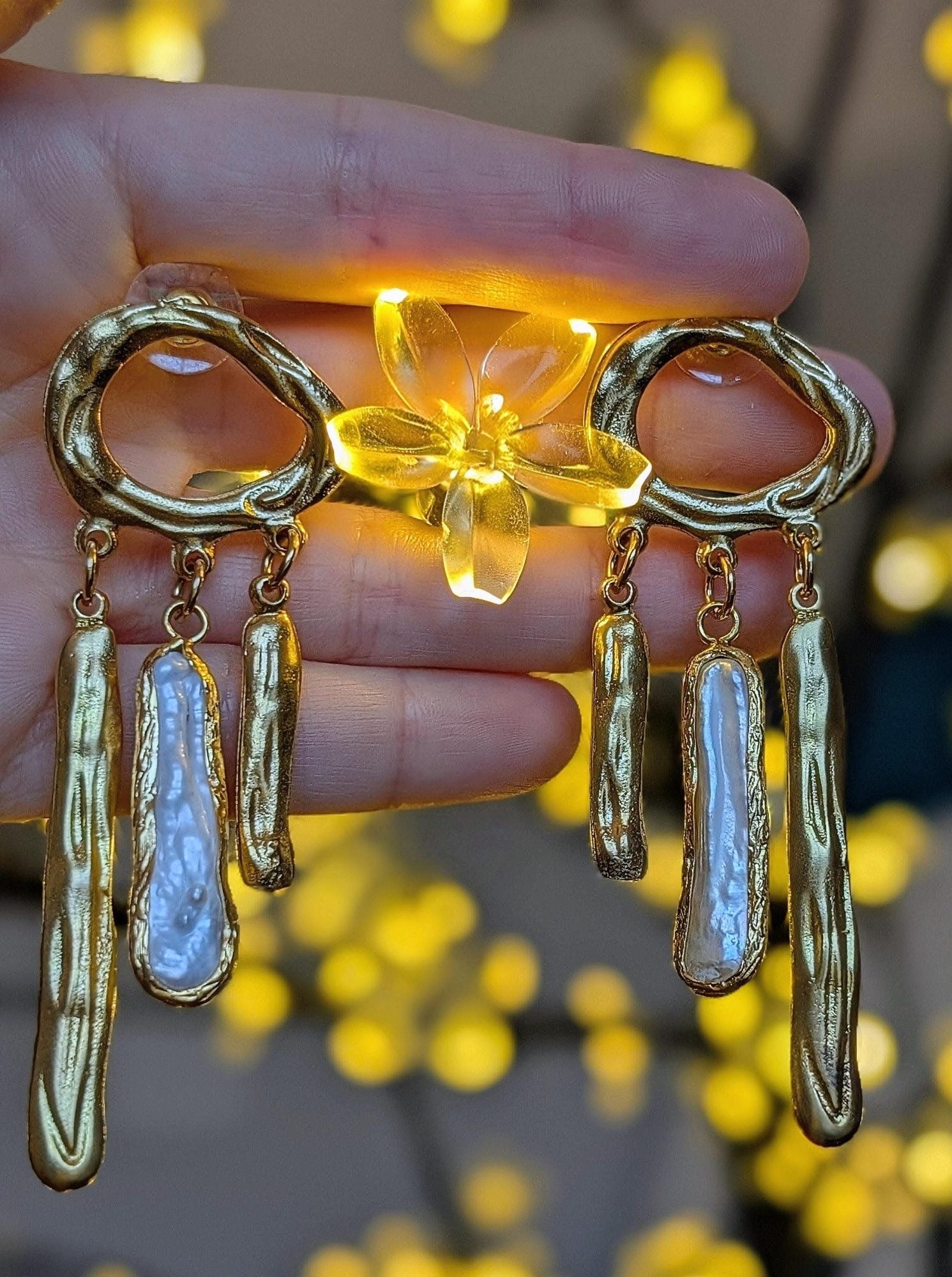 Organic Gold Pearl Dangle Earrings