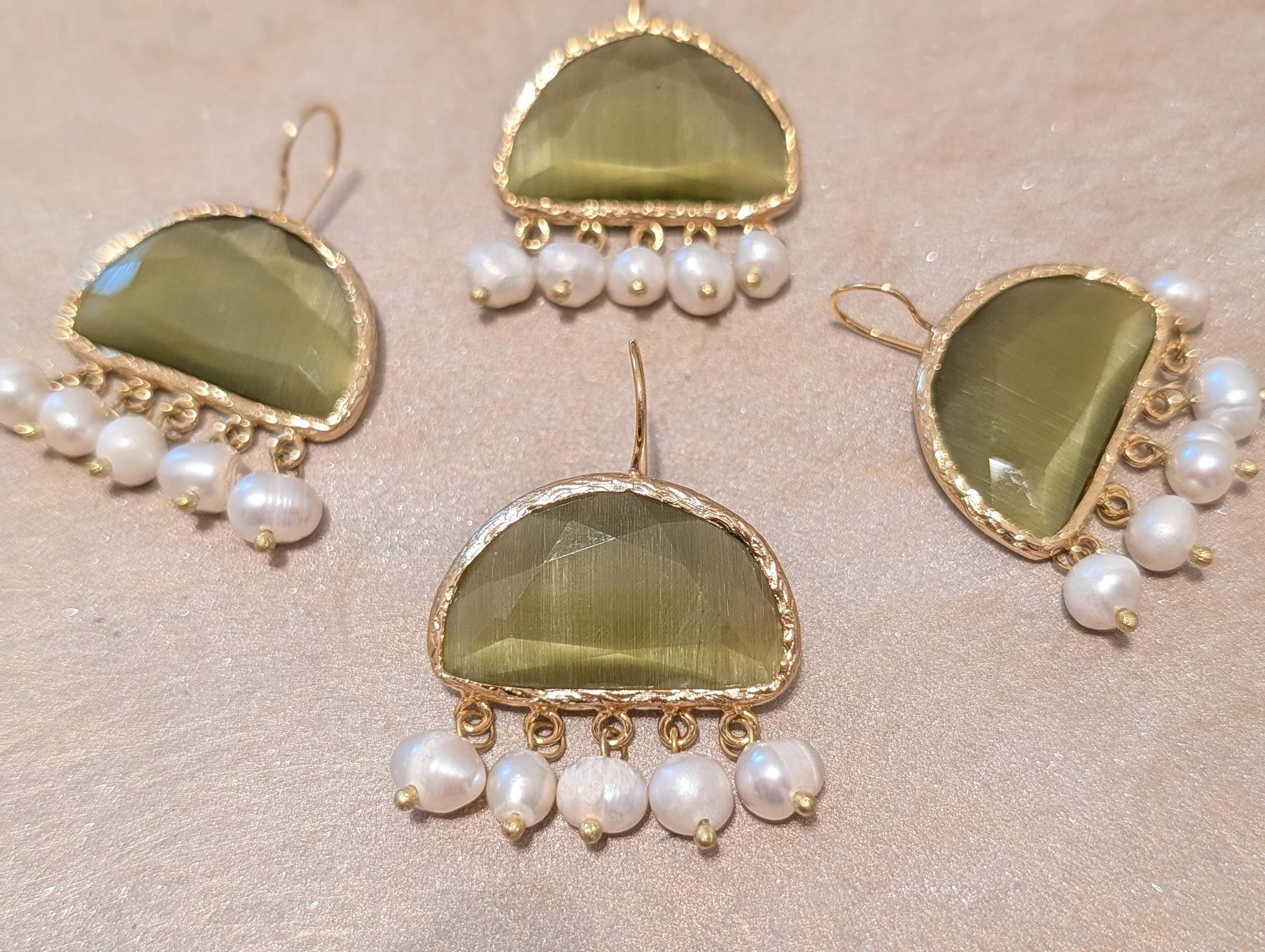 Pearl & Green Gemstone Drop Earrings