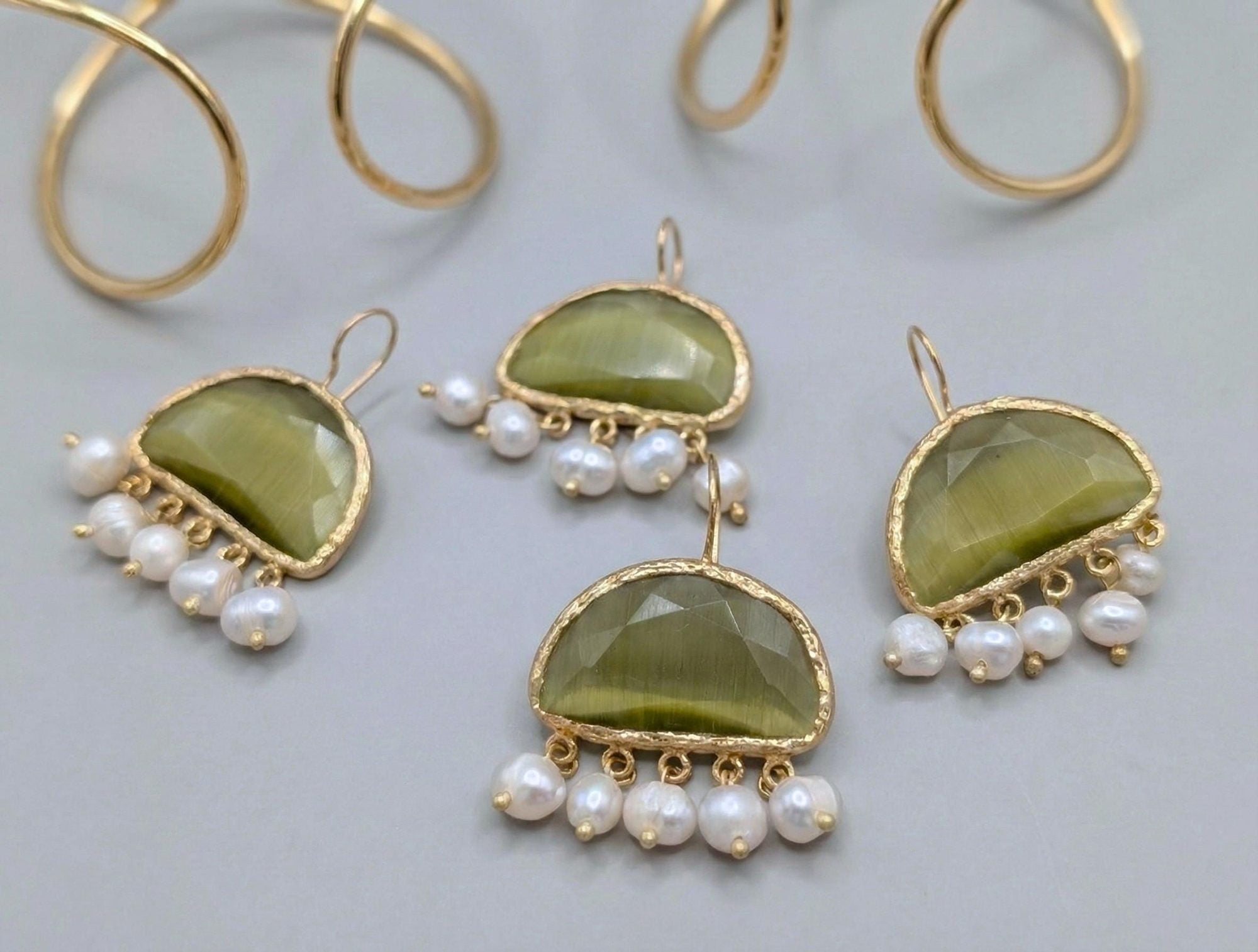 Pearl & Green Gemstone Drop Earrings