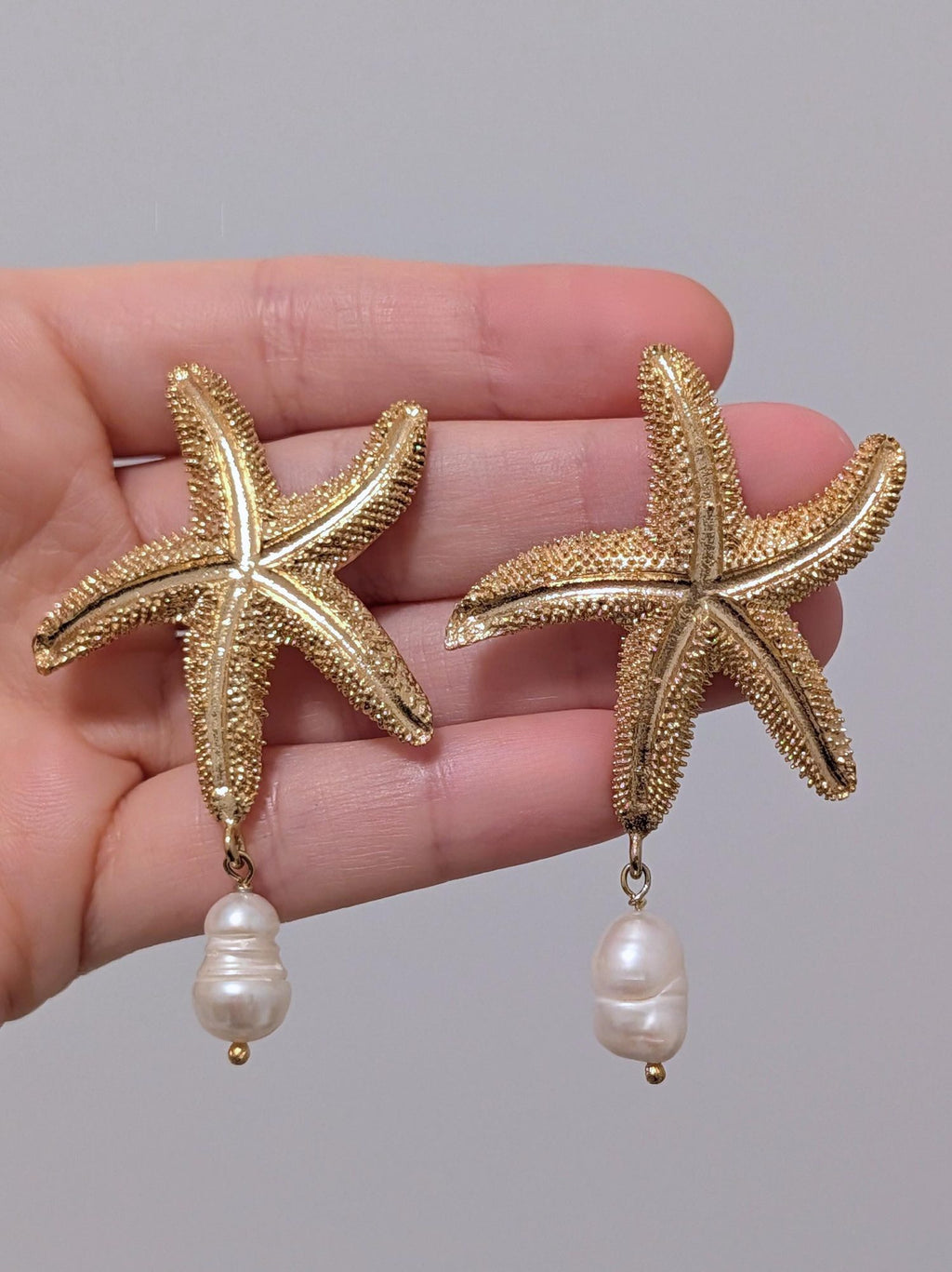 Gold Starfish Pearl Dangle Earrings