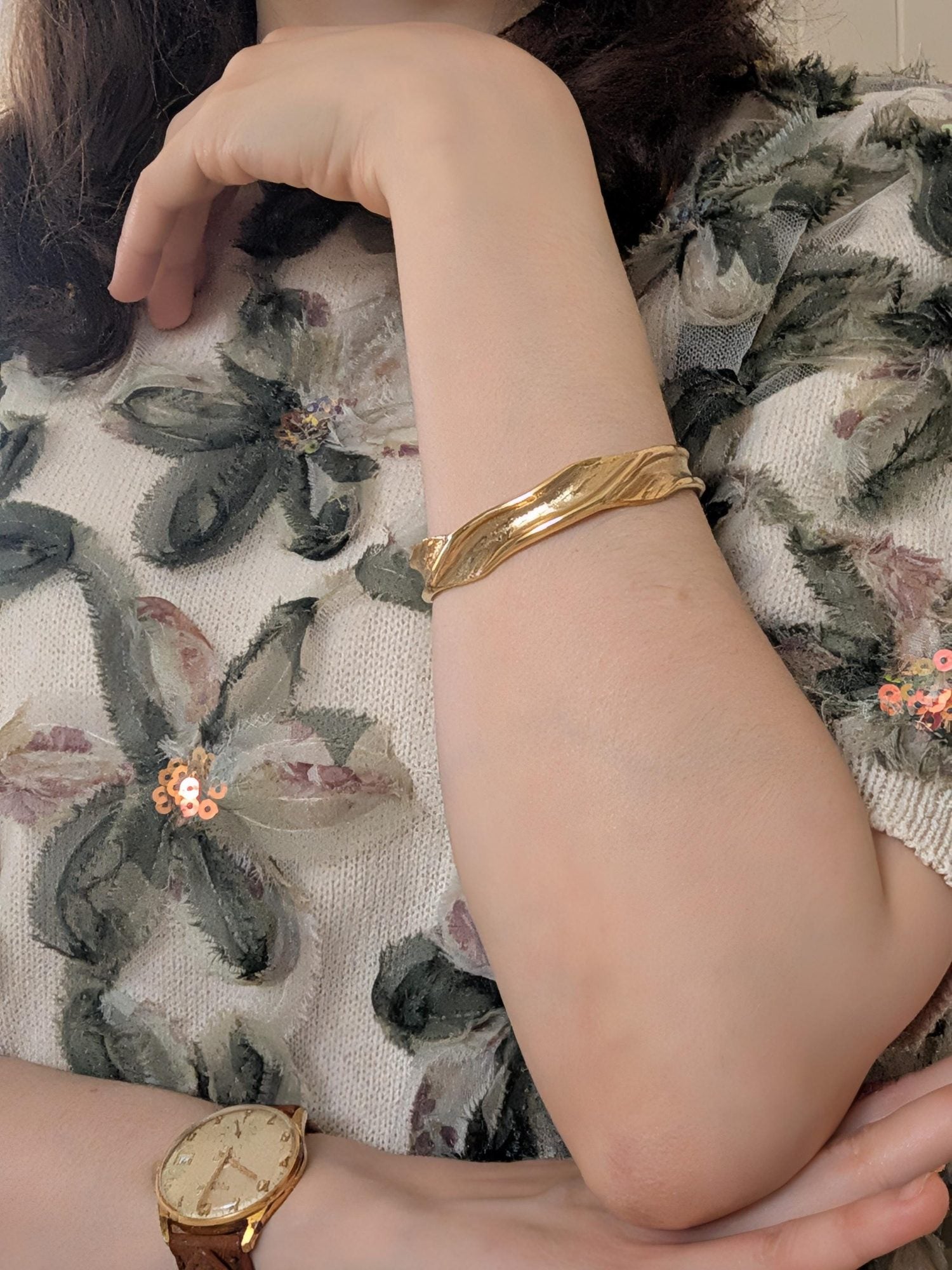 Wavy Textured Gold Cuff Bracelet
