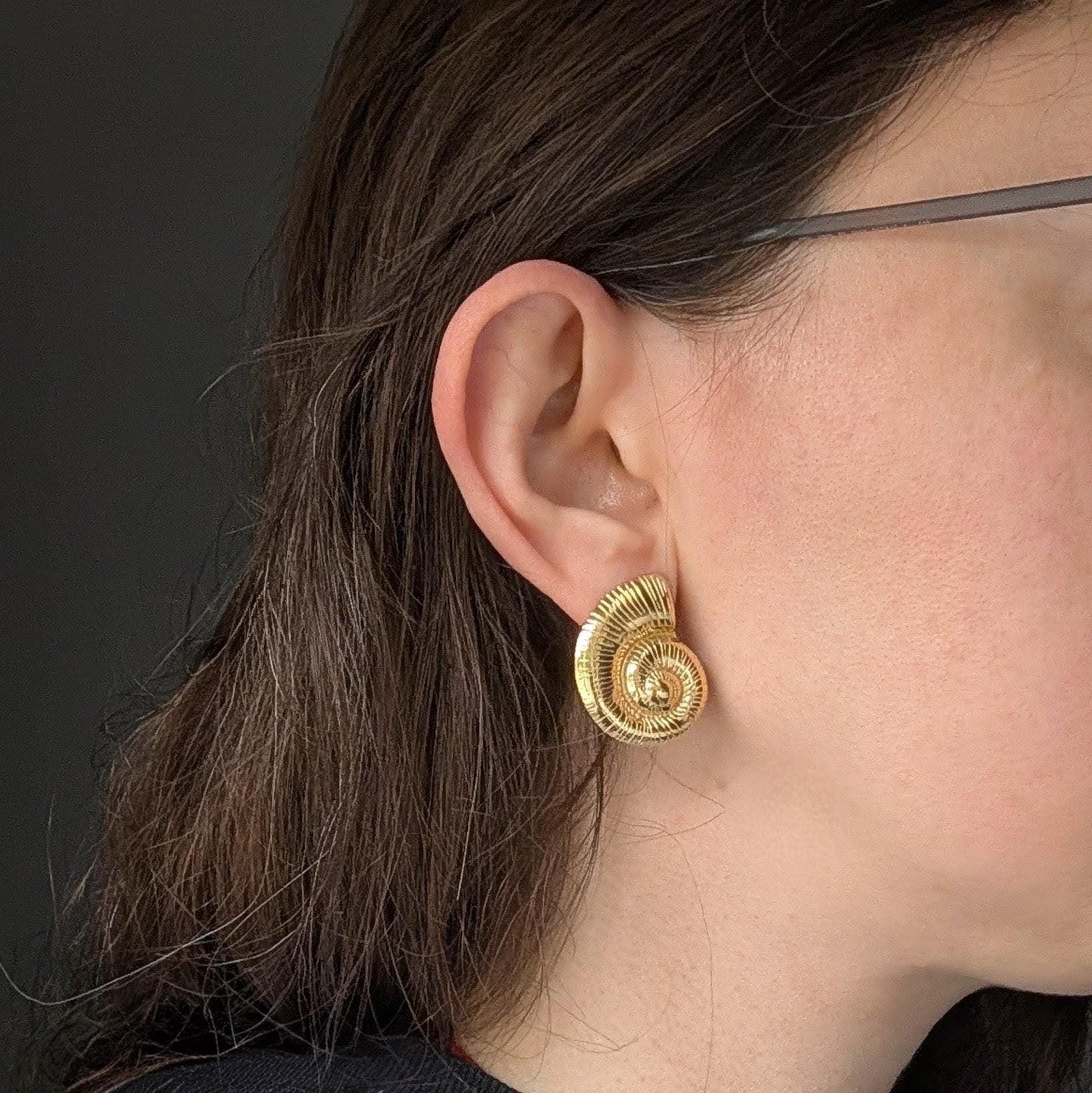 Gold Nautilus Shell Stud Earrings