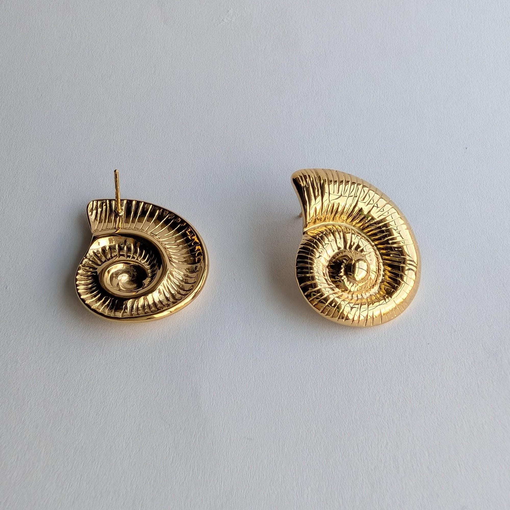 Gold Nautilus Shell Stud Earrings