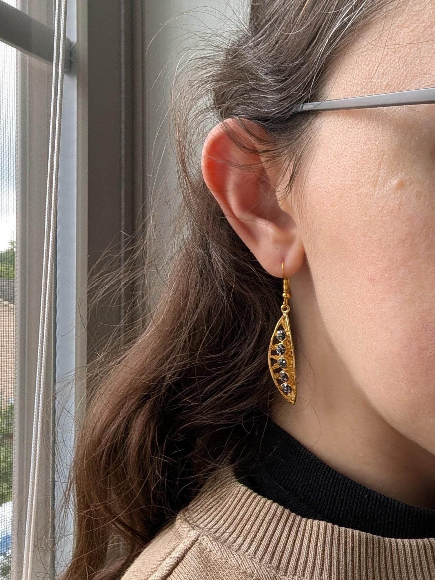 Gold Hematite Marquise Drop Earrings