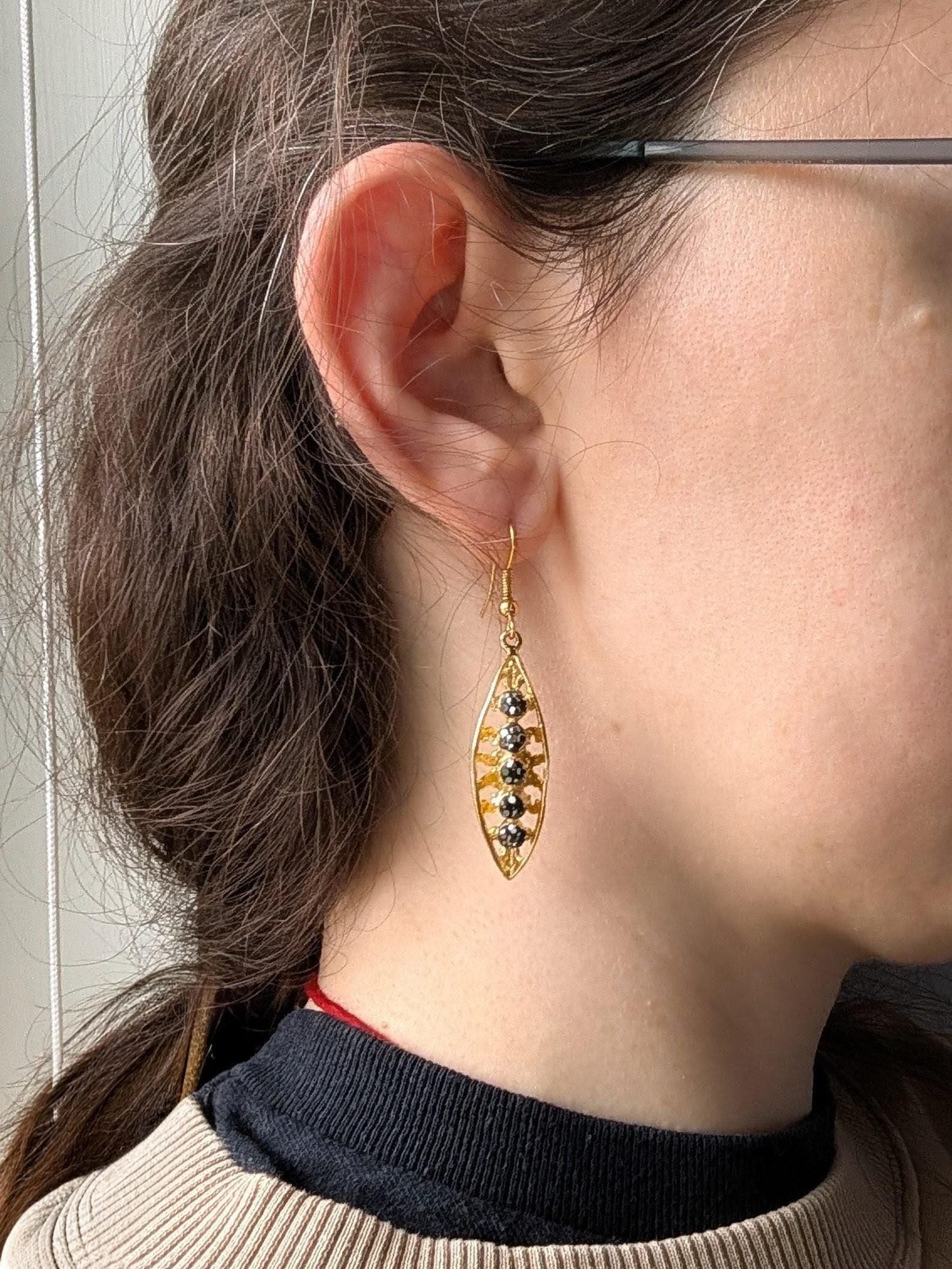 Gold Hematite Marquise Drop Earrings