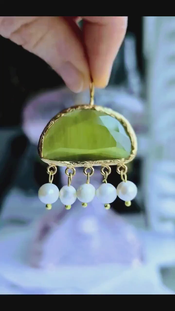 Pearl & Green Gemstone Drop Earrings