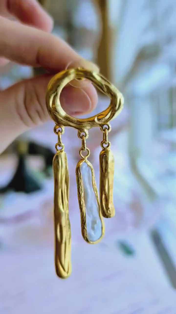Organic Gold Pearl Dangle Earrings